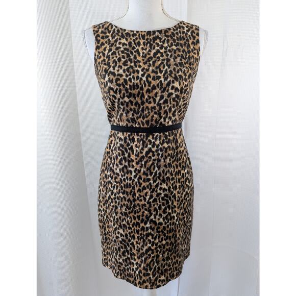 ANN TAYLOR LOFT PETITES! BLACK/BROWN GROSGRAIN RIBBON WAIST LEOPARD DRESS! SZ 2P - Picture 2 of 9